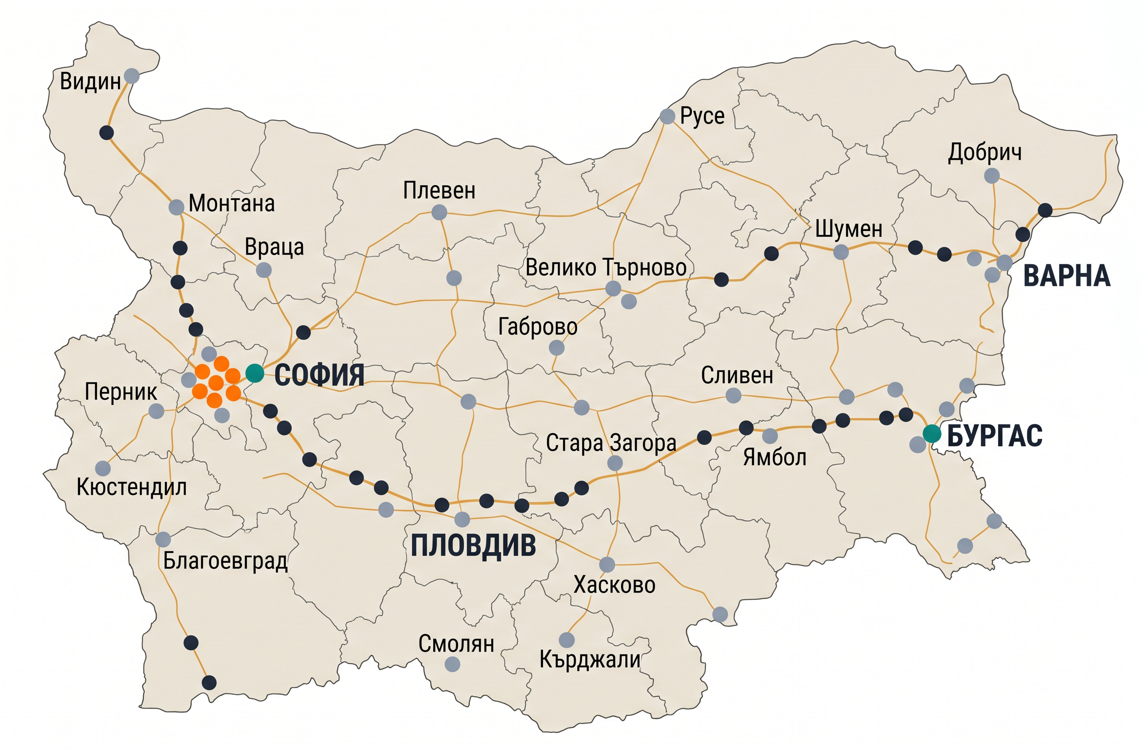 Карта на България — мрежата на Метрореклама: метро, транспорт, билбордове, ритейл обекти